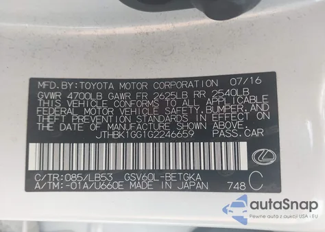 2016 Lexus Es 350 from USA, damaged, VIN JTHBK1GG1G2246659